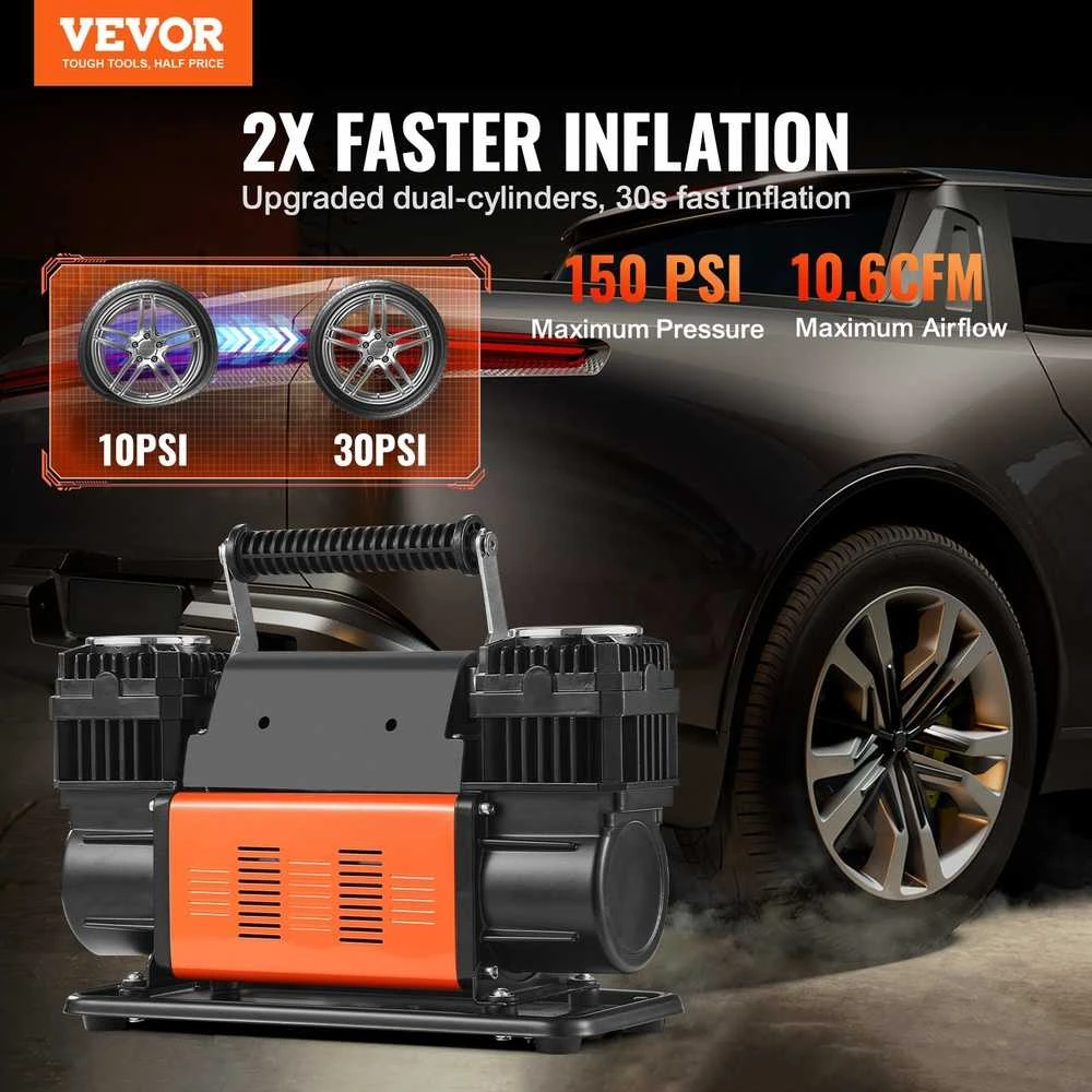 Nešiojamas Padangų Pripūtiklis, Dvigubo Cilindro Kompresorius 12V 150 PSI Automobiliams, Kemperiams, Dviračiams, Kamuoliams, Greitas Pripūtimas
