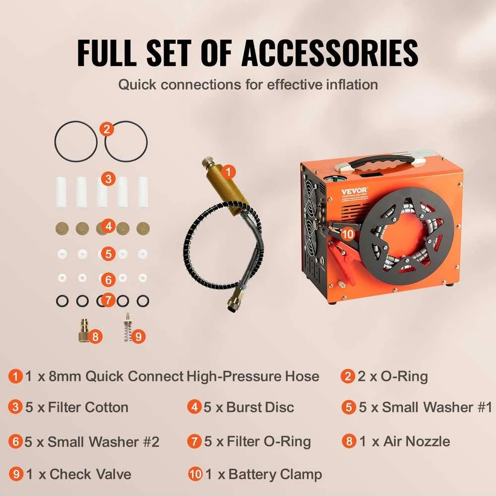 Nešiojamas PCP oro kompresorius 30MPa, automatinis, 12V/230V, be alyvos, oro pildymo stotis