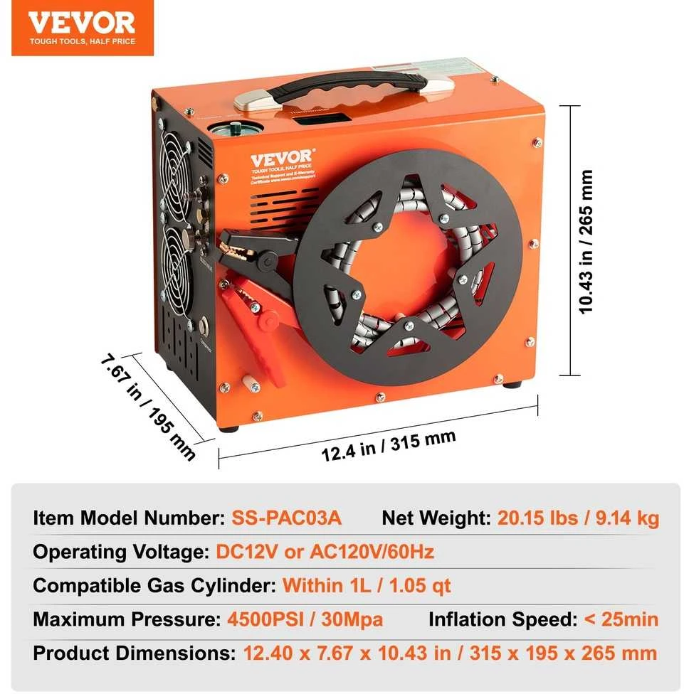 Nešiojamas PCP oro kompresorius 30MPa, automatinis, 12V/230V, be alyvos, oro pildymo stotis