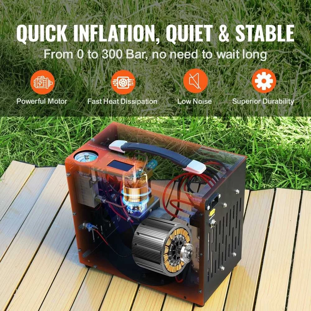 Nešiojamas PCP oro kompresorius 30MPa, automatinis, 12V/230V, be alyvos, oro pildymo stotis