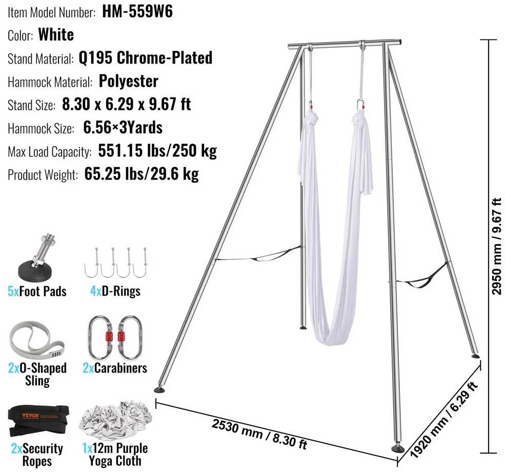 Oro jogos rėmas su hamake, 2.95 m aukščio, 250 kg, nešiojamas, vidaus/lauko, inversijų terapijai, oro akrobatikai, treniruoklių įranga