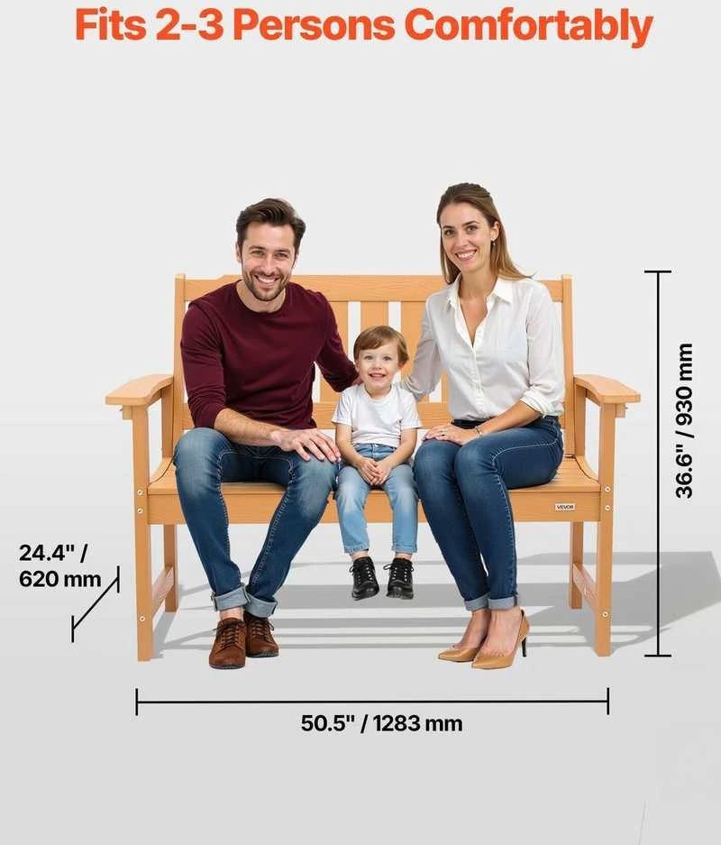Oro sąlygoms atsparus sodo suoliukas, 128 cm, tvirtas plastikinis suoliukas 2-3 asmenims, lauko suoliukas su atlošu ir porankiais, parko suoliukas terasai ir sodui