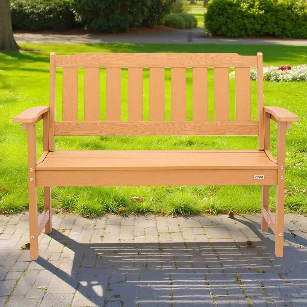 Oro sąlygoms atsparus sodo suoliukas, 128 cm, tvirtas plastikinis suoliukas 2-3 asmenims, lauko suoliukas su atlošu ir porankiais, parko suoliukas terasai ir sodui