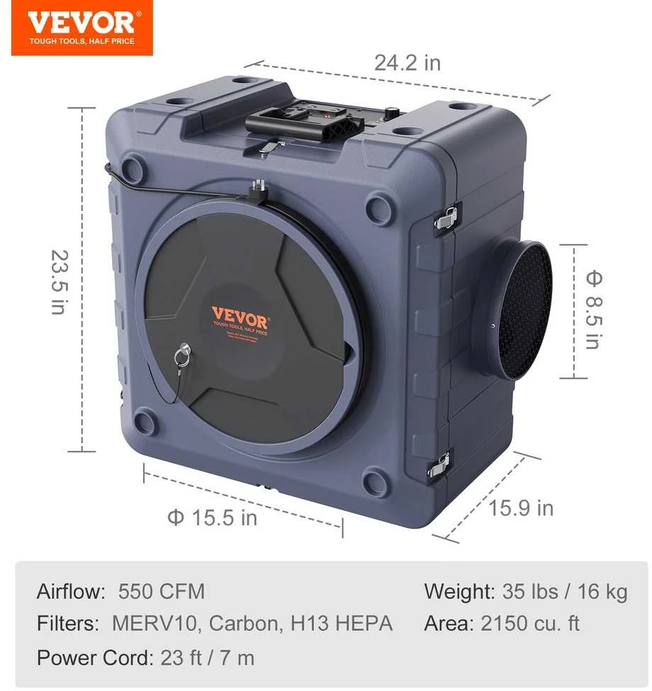 Oro valytuvas su 3 pakopų HEPA filtru, 550 CFM neigiamo oro mašina, nešiojamas oro valytuvas namams ir biurui, ortakinio tipo oro valytuvas
