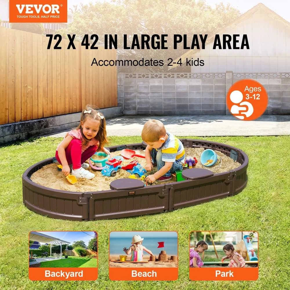 Ovalinė smėlio dėžė su dangčiu, HDPE smėlio duobė, lauko kiemas, 4 vietų smėlio dėžė vaikams nuo 3 iki 12 metų