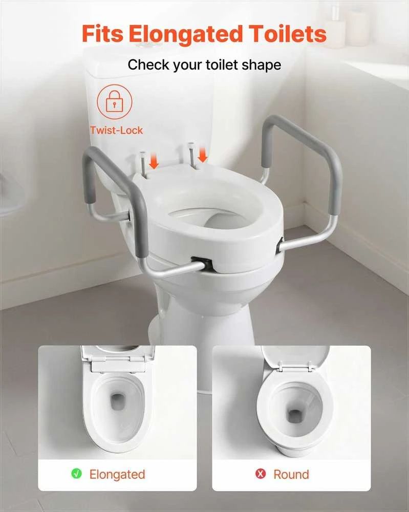 Paaukštinta tualeto sėdynė su rankenomis senjorams ir neįgaliesiems, pakeltos paminkštintos rankenos, didelė keliamoji galia, tualeto sėdynės paaukštinimas, unitazo paaukštinimas, pagalbinė vonios įranga