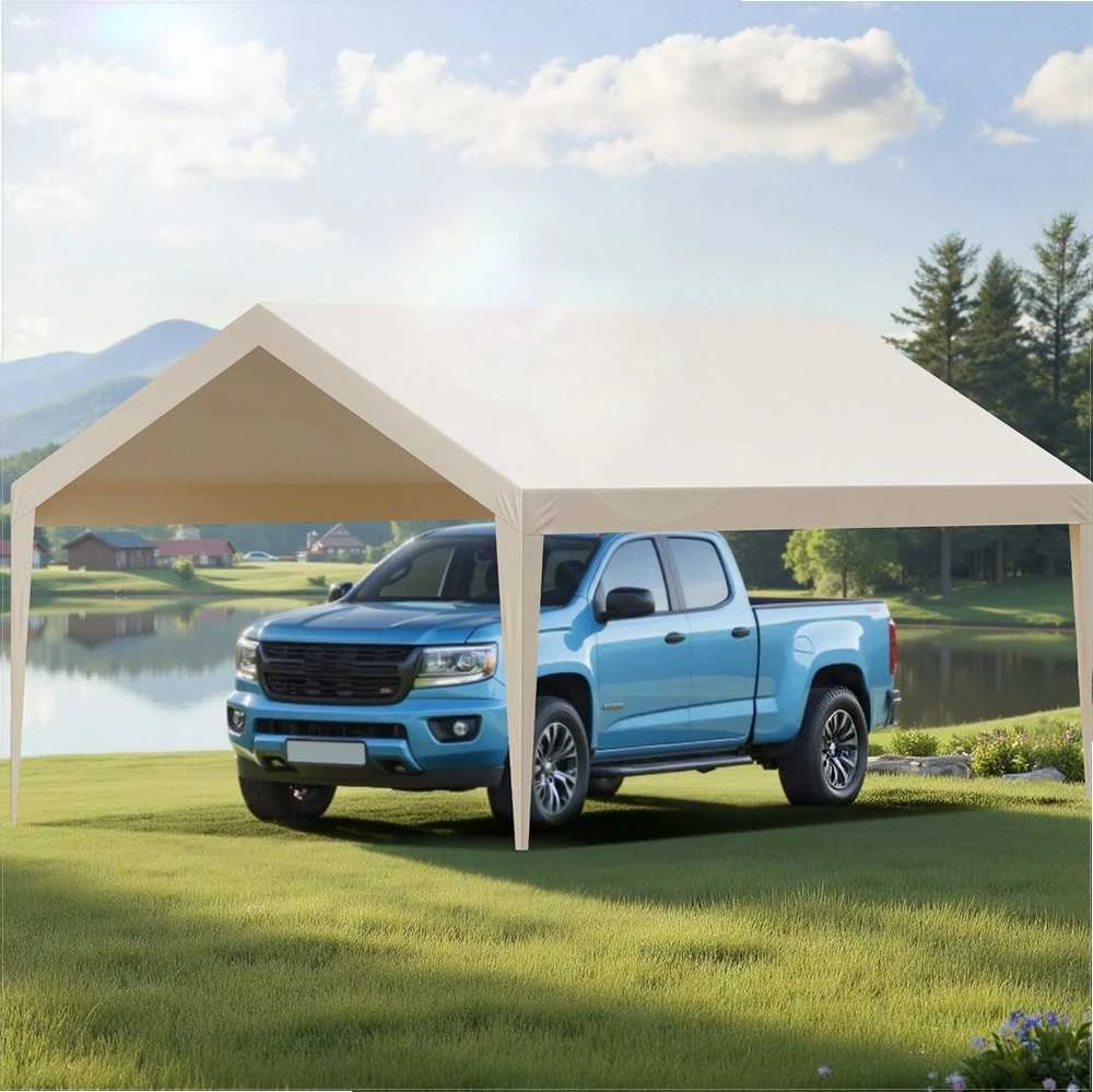Pakaitinis stoginės tentas, UV atsparus vandeniui automobilio pastogės uždangalas, tvirtas garažo palapinės viršus, 3.6 x 6 m nešiojama stoginė, smėlio spalvos apsauginis tentas nuo saulės