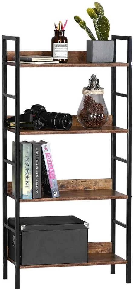 Palėpės stiliaus biuro lentyna VARBERG RUSTIC, juoda/sendinto ąžuolo, 4 aukštų knygų spinta, vintažinė lentynų sistema, retro bibliotekos baldai, senovinė ekspozicinė lentyna (Ekspozicinė prekė)