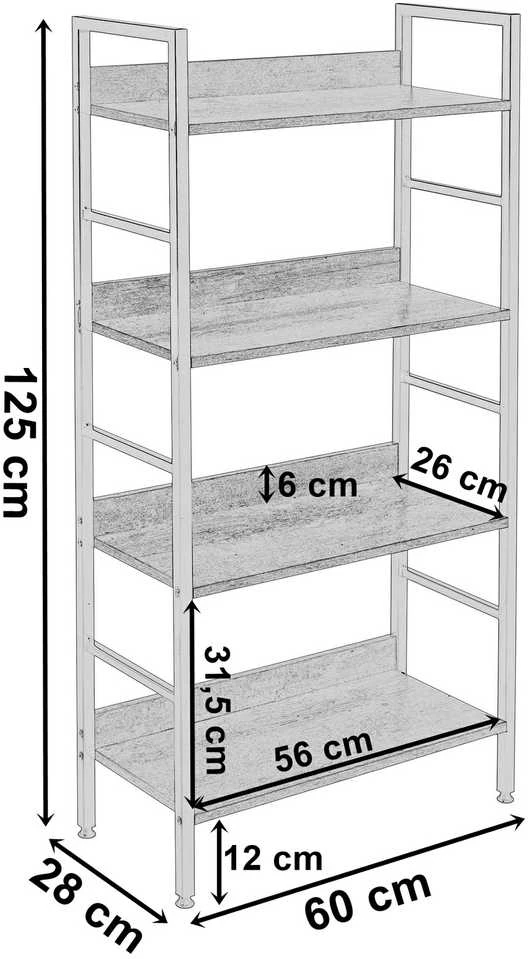 Palėpės stiliaus biuro lentyna VARBERG RUSTIC, juoda/sendinto ąžuolo, 4 aukštų knygų spinta, vintažinė lentynų sistema, retro bibliotekos baldai, senovinė ekspozicinė lentyna (Ekspozicinė prekė)