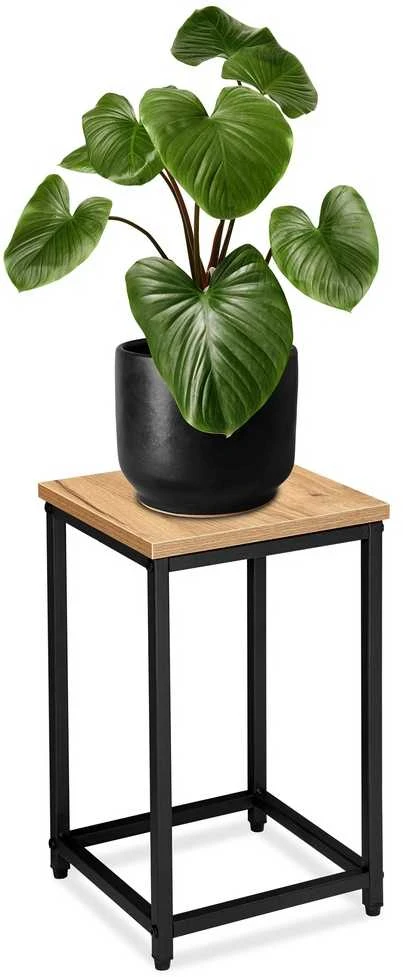 Palėpės stiliaus gėlių stovas, ąžuolo lentyna, juodo metalo gėlių stovas, 42.5 cm aukščio augalų stovas, gėlių ekspozicijai, dekoratyvinis stovas, kambarinių augalų stovas (Ekspozicinė prekė)