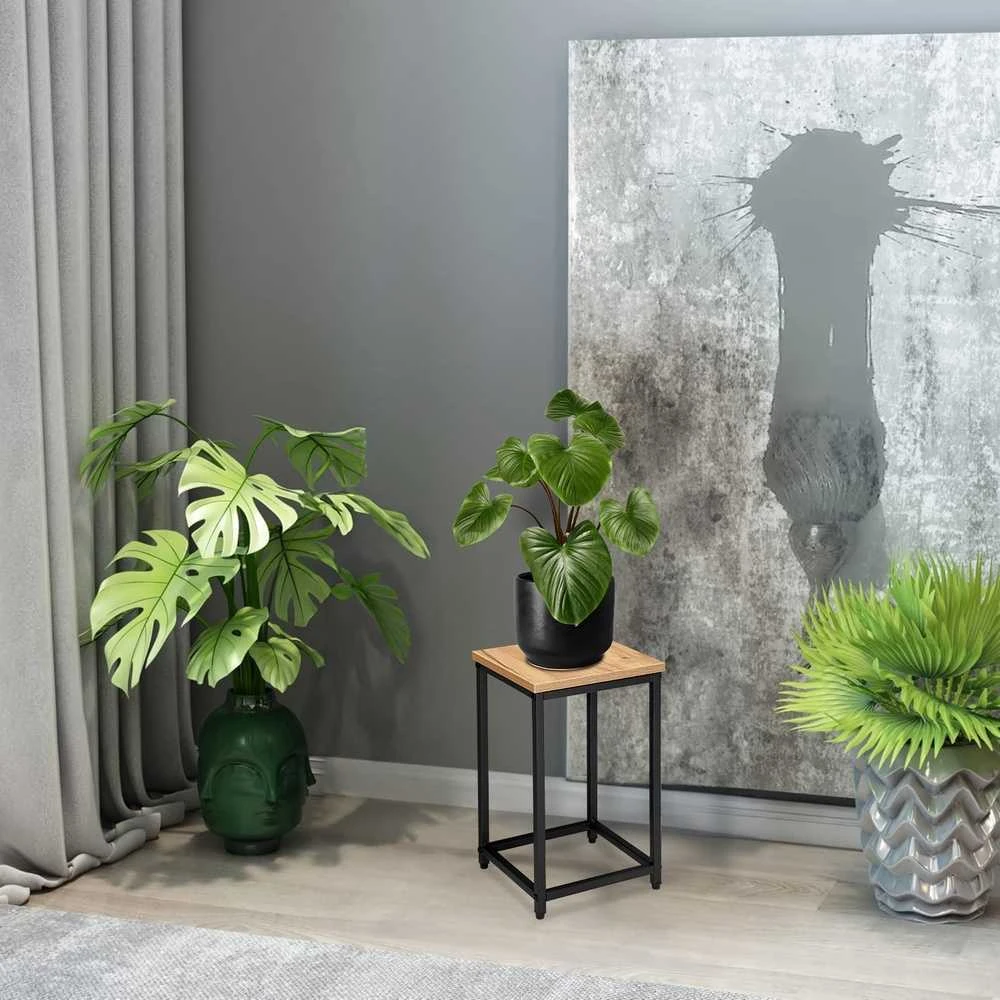 Palėpės stiliaus gėlių stovas, ąžuolo lentyna, juodo metalo gėlių stovas, 42.5 cm aukščio augalų stovas, gėlių ekspozicijai, dekoratyvinis stovas, kambarinių augalų stovas (Ekspozicinė prekė)