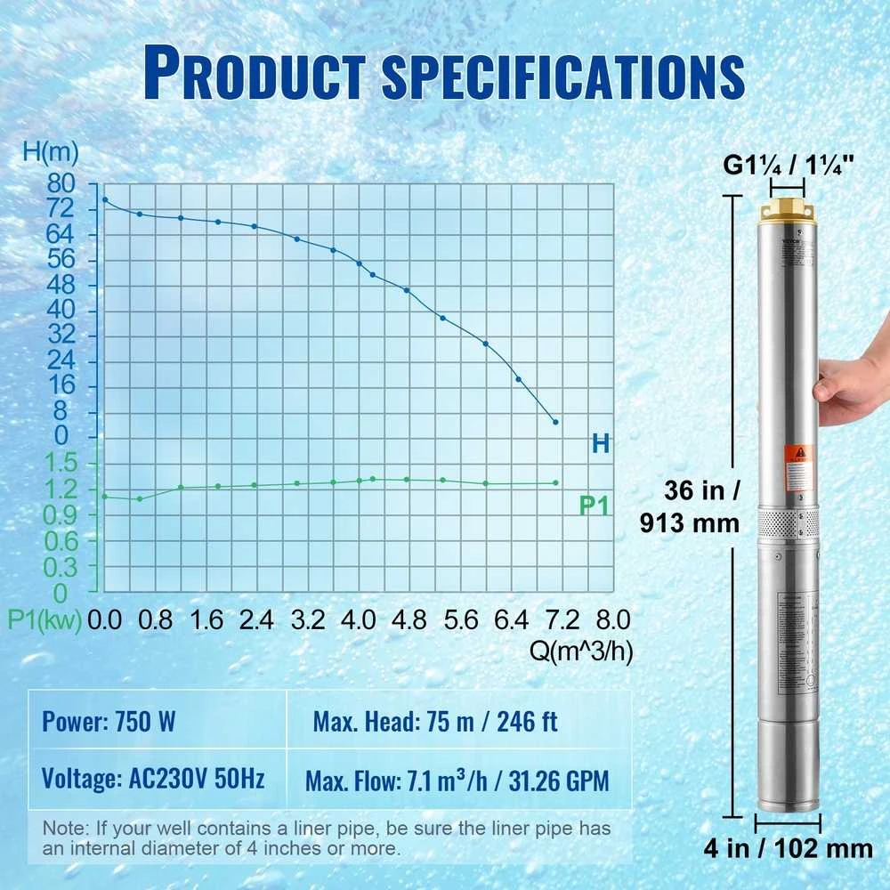 VEVOR giluminis panardinamas vandens siurblys 750W 230V