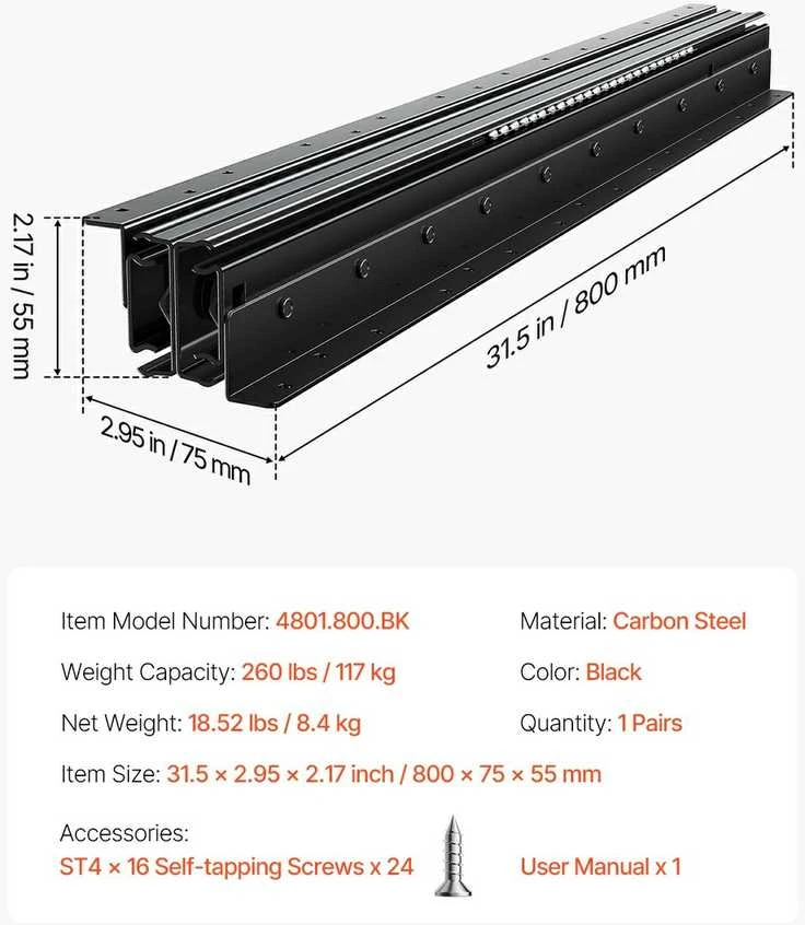 VEVOR Pogrindinės stalčių bėgeliai 80 cm 117 kg apkrova