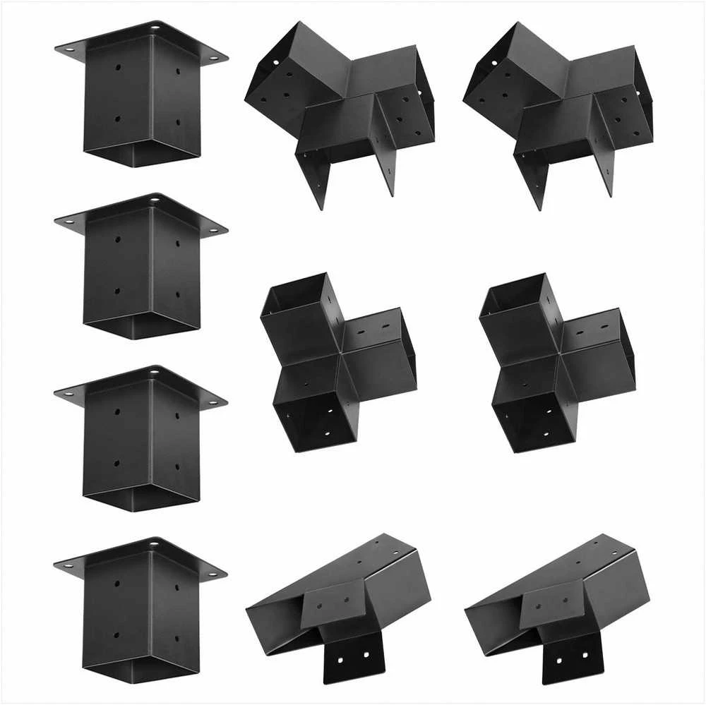 Pavėsinės rinkinys, smailiastogio stogo laikikliai 92 x 92 mm sijoms, 14 dalių komplektas su stulpų pagrindais ir kraigo laikikliais, lauko pavėsinės stoginės montavimo rinkinys