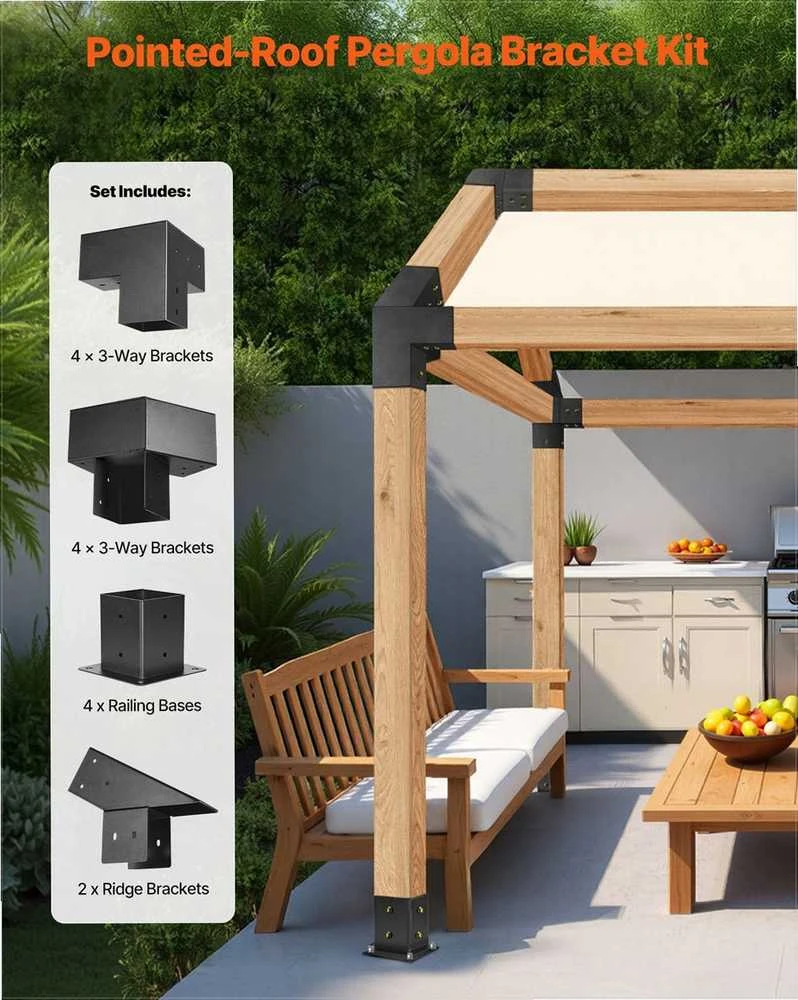 Pavėsinės rinkinys, smailiastogio stogo laikikliai 92 x 92 mm sijoms, 14 dalių komplektas su stulpų pagrindais ir kraigo laikikliais, lauko pavėsinės stoginės montavimo rinkinys