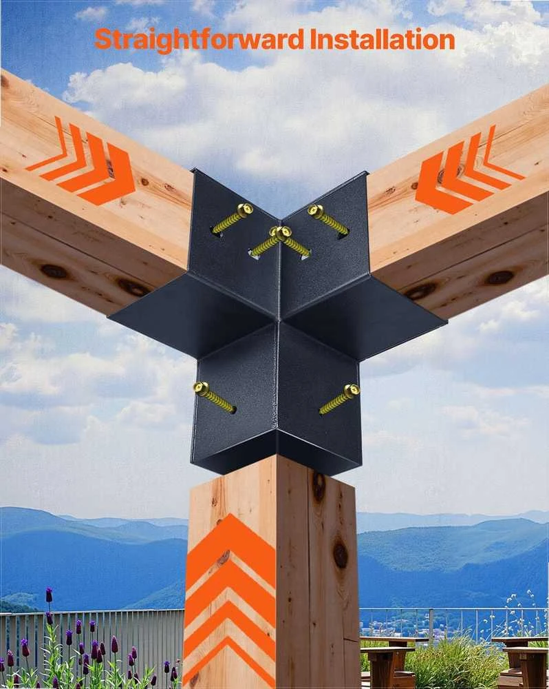 Pavėsinės rinkinys, smailiastogio stogo laikikliai 92 x 92 mm sijoms, 14 dalių komplektas su stulpų pagrindais ir kraigo laikikliais, lauko pavėsinės stoginės montavimo rinkinys