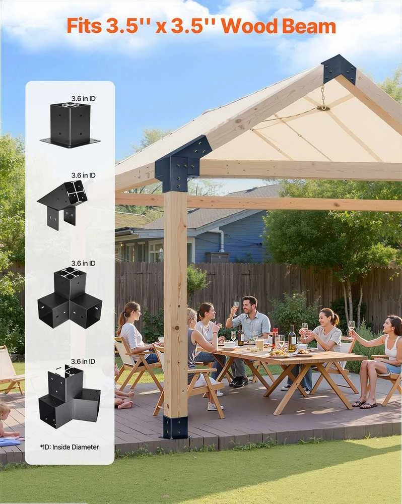 Pavėsinės rinkinys, smailiastogio stogo laikikliai 92 x 92 mm sijoms, 14 dalių komplektas su stulpų pagrindais ir kraigo laikikliais, lauko pavėsinės stoginės montavimo rinkinys