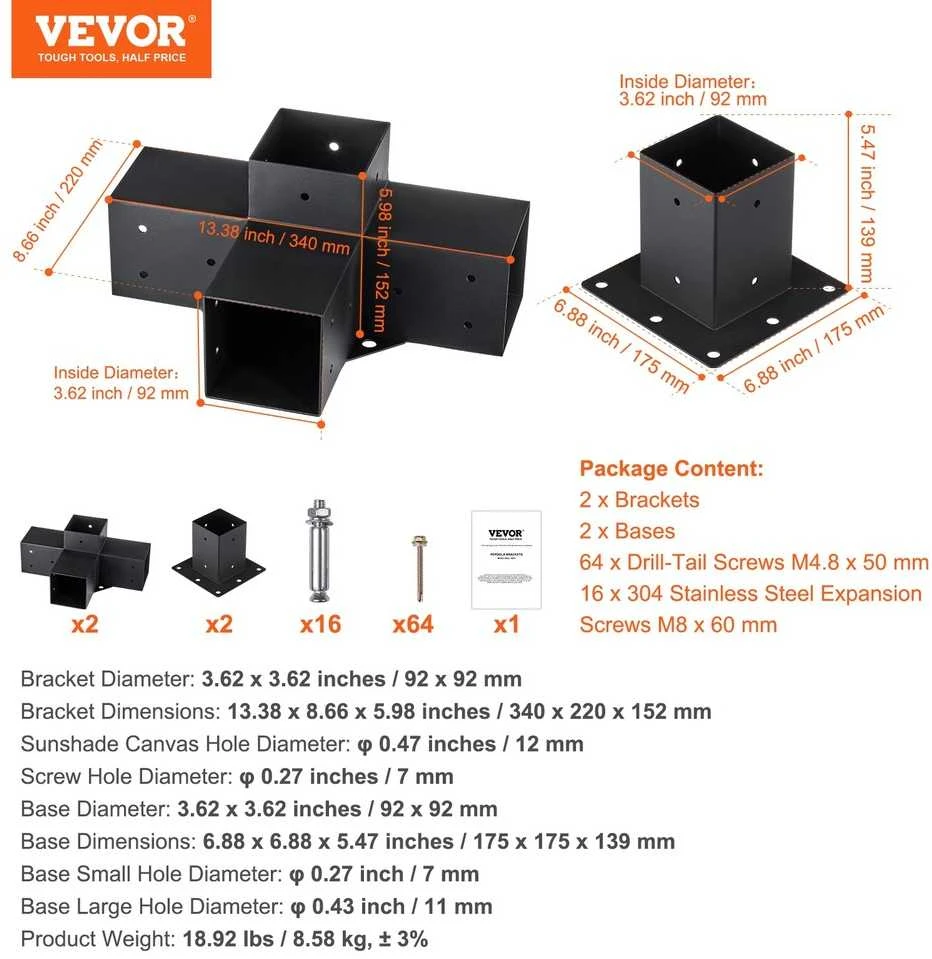 VEVOR Pergolės laikikliai, kampiniai laikikliai, tvirti, anglinis plienas, lauko, pavėsinė, terasa, pergola