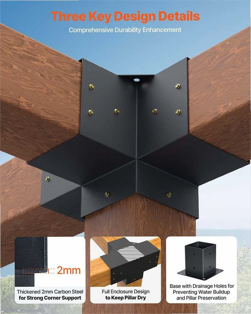 Pergolės laikiklių rinkinys, 92 x 92 mm vidinis dydis, tvirtas 4 krypčių kampinis laikiklis medinėms sijoms, lengvas montavimas pavėsinėms ir terasoms, stulpų pagrindo komplektas