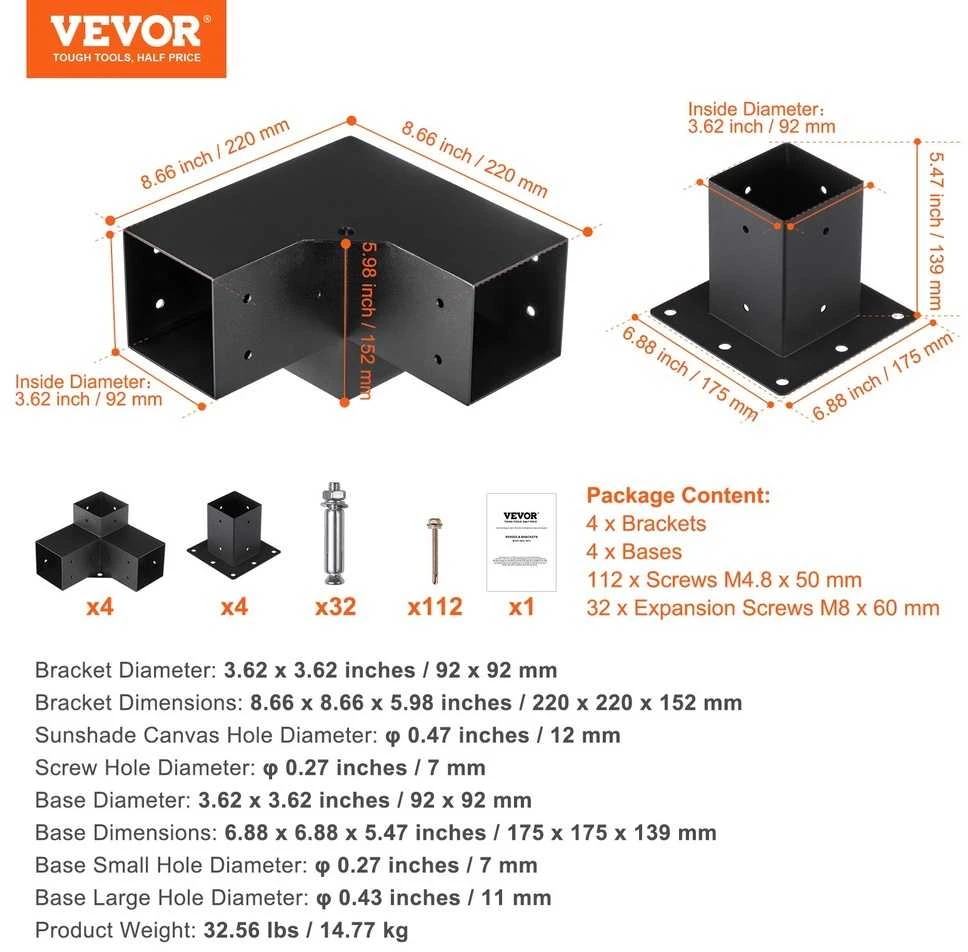 VEVOR Pergolės tvirtinimo rinkinys 10x10cm, kampinis, tvirtas trišakis stulpų pagrindas