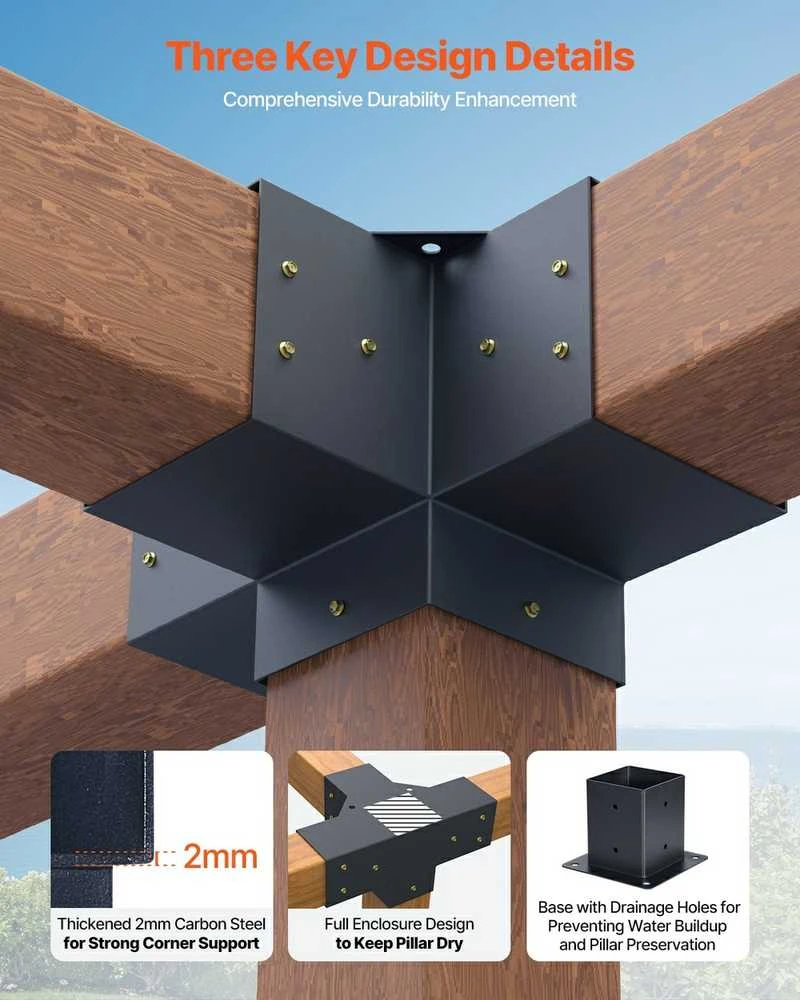 Pergolių laikikliai 101.6 mm, tvirti 3 ir 4 krypčių jungtys, pavėsinėms, stoginėms, markizėms