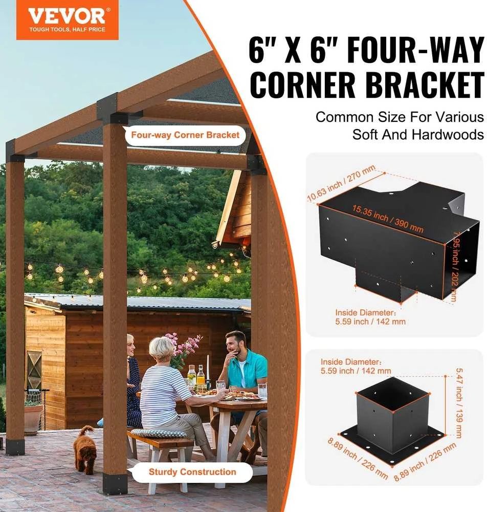 Vevor Pergolos laikiklių rinkinys 152,4 x 152,4 mm, 4 krypčių tvirtas kampinis laikiklis, stulpo pagrindas