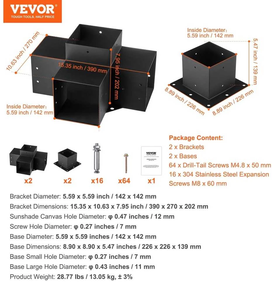 Vevor Pergolos laikiklių rinkinys 152,4 x 152,4 mm, 4 krypčių tvirtas kampinis laikiklis, stulpo pagrindas