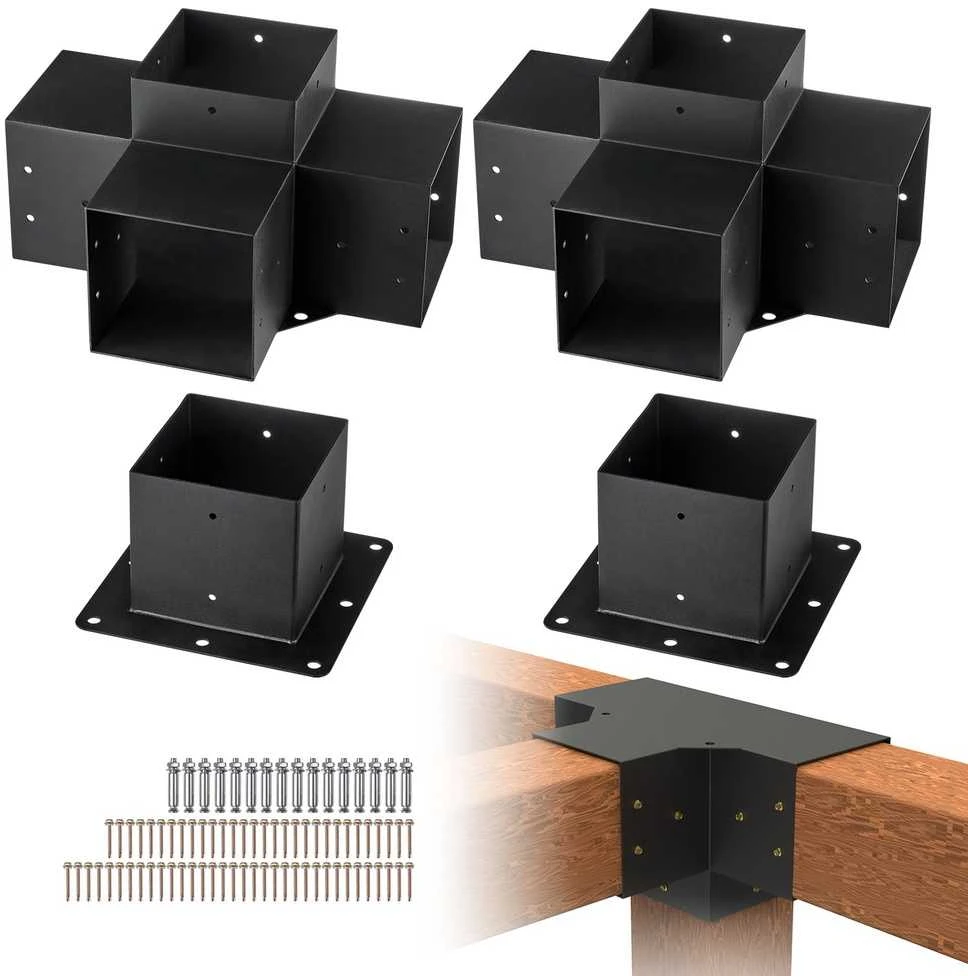Vevor Pergolos laikiklių rinkinys 152,4 x 152,4 mm, 4 krypčių tvirtas kampinis laikiklis, stulpo pagrindas