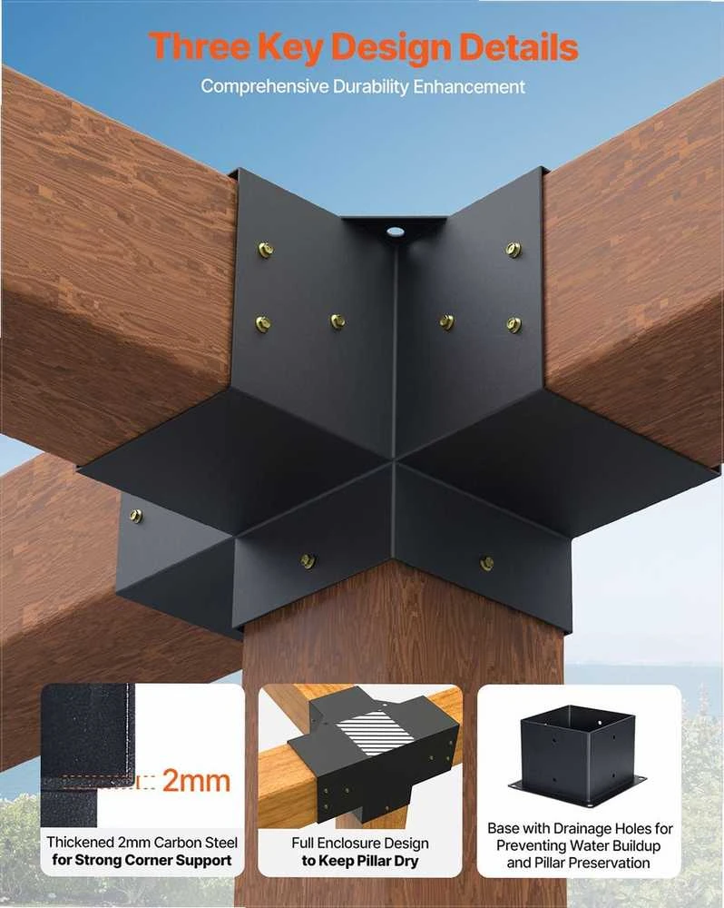 Pergolos laikiklių rinkinys, 4 krypčių kampiniai laikikliai 142 mm sijoms, stulpų pagrindas pavėsinėms ir terasoms, lengvai montuojamos jungtys lauko konstrukcijoms, 4 vnt
