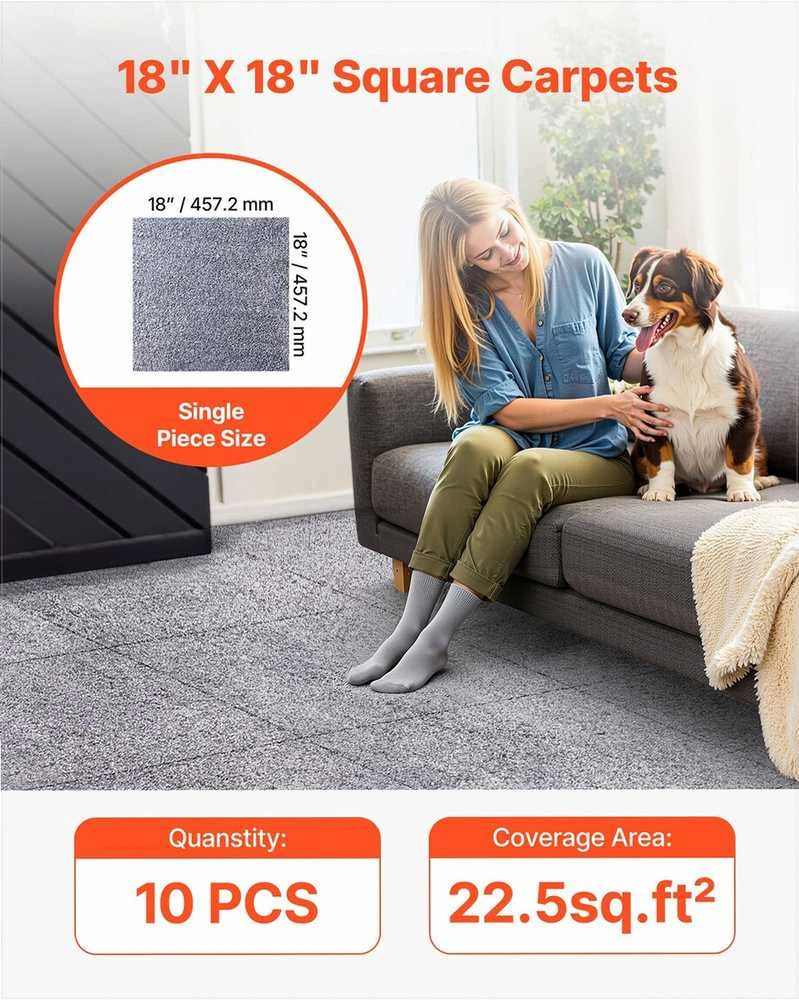 Pilkos kiliminės plytelės 457x457 mm svetainės ir miegamojo grindims, savaime lipnios nuimamos minkštos pliušinės, moduliniai kiliminiai kvadratai grindų danga