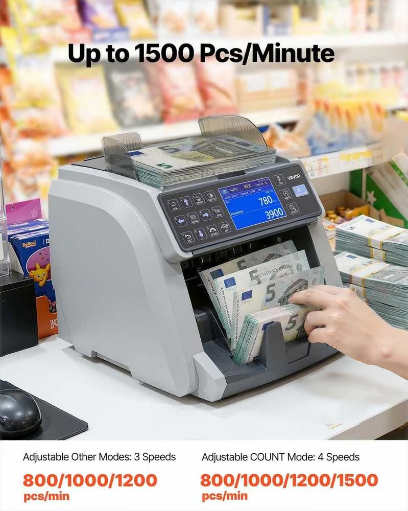Pinigų skaičiavimo mašina, mišrių nominalų banknotų skaičiuotuvas su padirbtų pinigų aptikimu, kelių valiutų palaikymas, išorinis ekranas, banknotų skaičiavimo aparatas