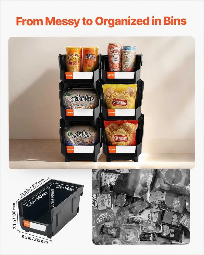 Plastikinės sudedamos saugojimo dėžės drabužinei garažui biuro organizavimui, juodos 6 vnt. patvarus polipropilenas, saugojimo dėžės, sudedami konteineriai, organizavimo dėžutės