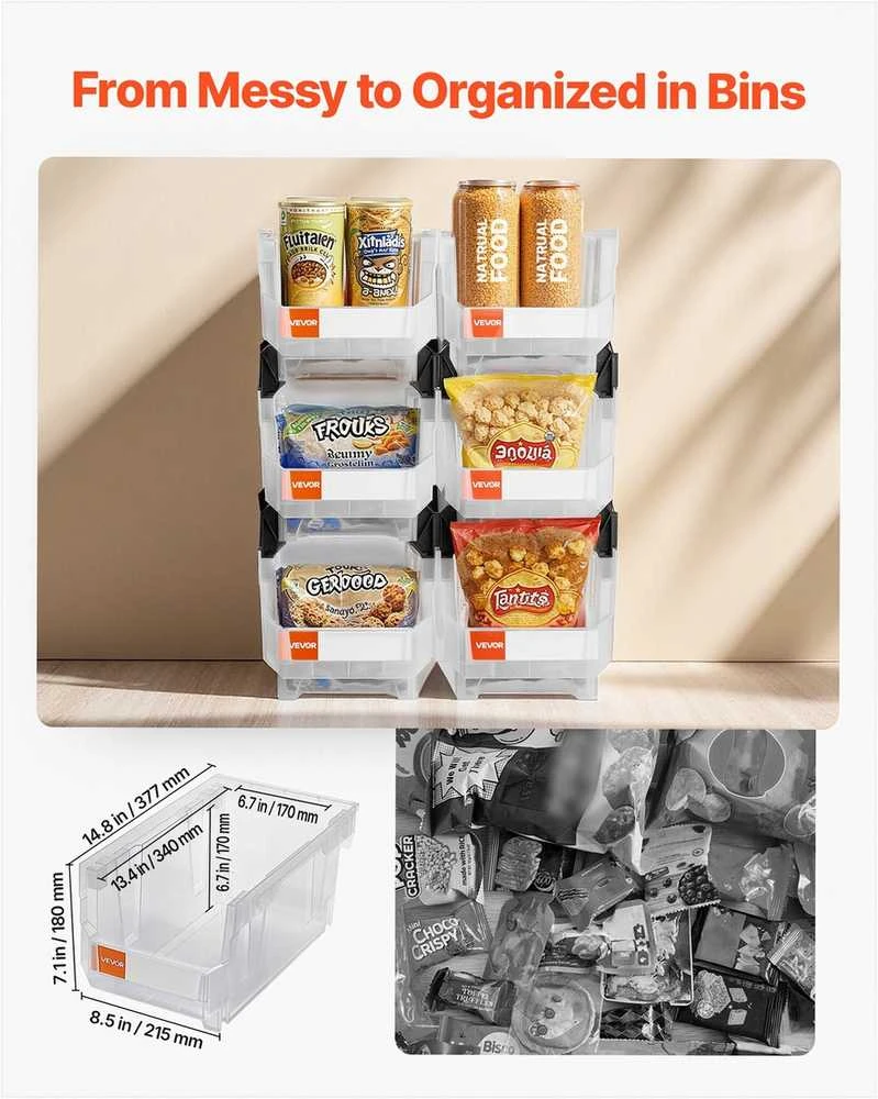 Plastikinės sukraunamos laikymo dėžės organizavimui, skaidrios su atviru priekiu, 6 vienetų rinkinys, dėžės spintai, garažui, biurui, sandėliavimo talpos