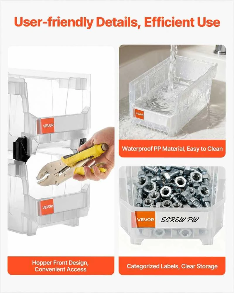 Plastikinės sukraunamos laikymo dėžės organizavimui, skaidrios su atviru priekiu, 6 vienetų rinkinys, dėžės spintai, garažui, biurui, sandėliavimo talpos