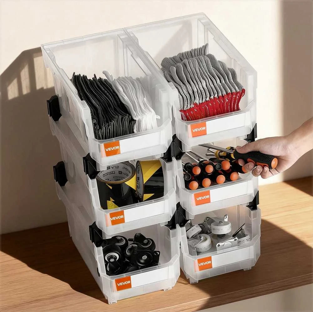 Plastikinės sukraunamos laikymo dėžės organizavimui, skaidrios su atviru priekiu, 6 vienetų rinkinys, dėžės spintai, garažui, biurui, sandėliavimo talpos