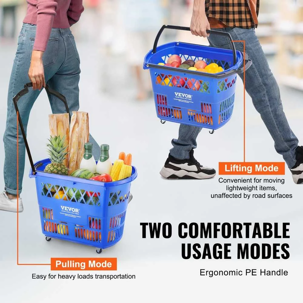 Plastikinis pirkinių krepšys su ratukais, 39 l, tvirtas, nešiojamas, maisto produktams, vežimėlis