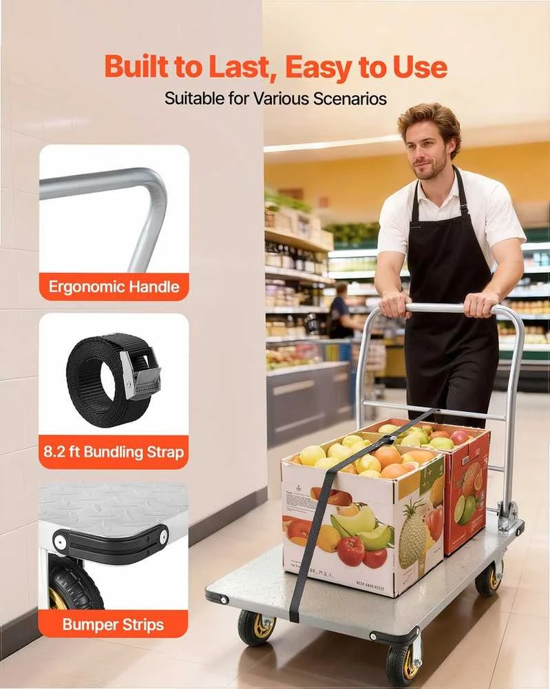Platforminis vežimėlis, sunkiasvoris sulankstomas vežimėlis su besisukančiais ratais ir rankena, maisto produktams garažui sandėliui, 907.18 kg galia, 900x600x900 mm, rankinis stumiamas krovinių vežimėlis