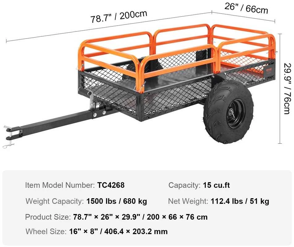 Plieninė ATV savivartė žoliapjovėms, 1500 lbs / 680 kg, 15 kub. pėdų / 0.42 kub. m, priekaba, sodo vežimėlis, savivartis