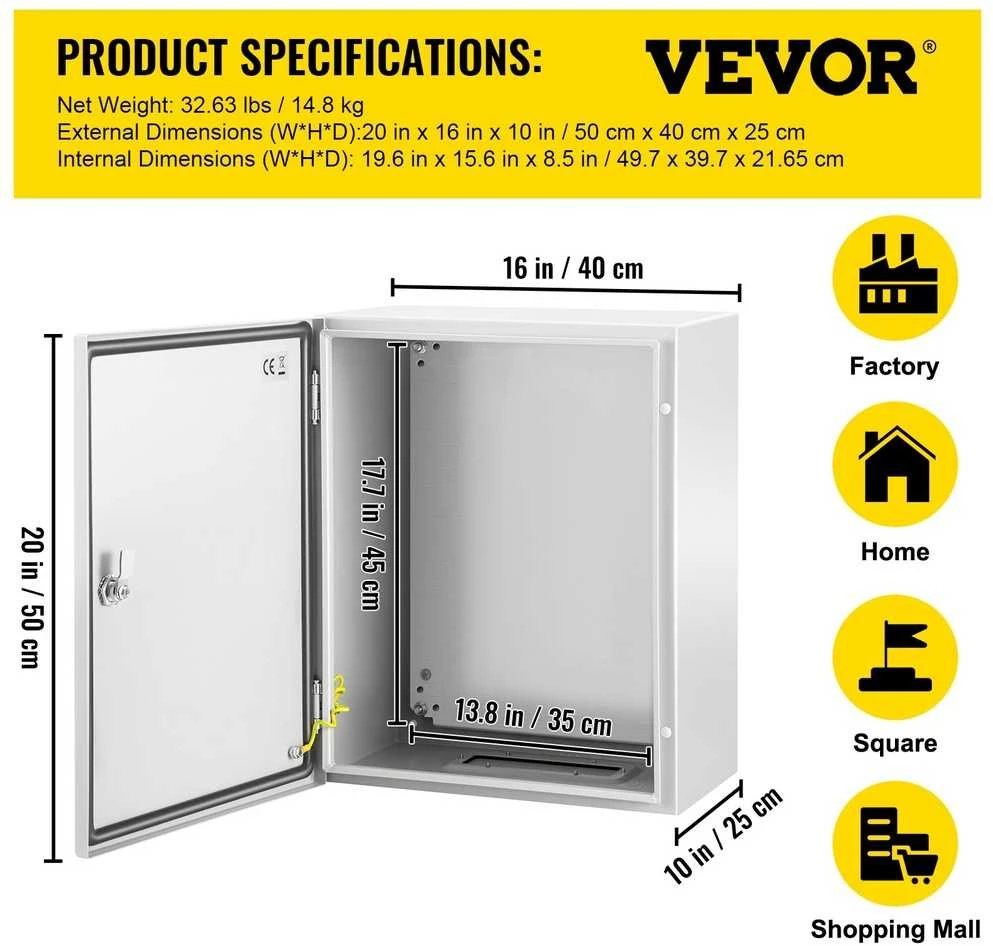 Plieninė elektros dėžė, NEMA 4X, IP66, 20x16x10", lauko/vidaus, hermetiška, atspari vandeniui, jungiamųjų dėžių korpusas