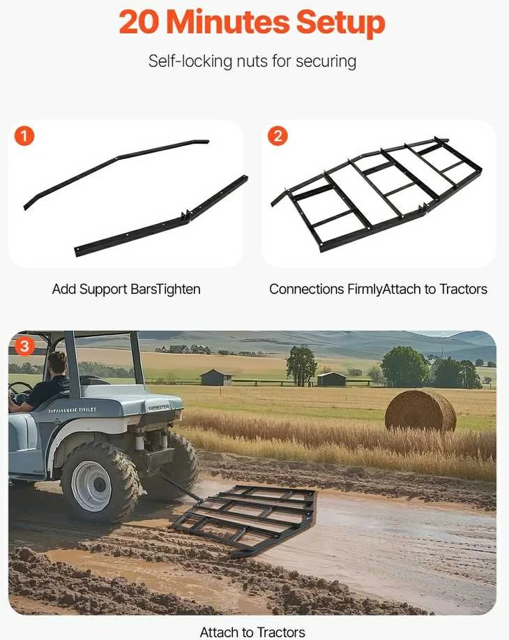 Plieninės akėčios 84 cm, lyginimo akėčios, keturračiams, lauko, sodo, žvyro, žemės