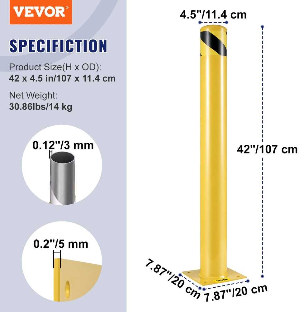 Plieninis apsauginis stulpelis, 107 cm aukščio, 11.4 cm skersmens, geltonas apsauginis stulpas automobilių stovėjimo aikštelėms, šaligatviams, įvažiavimams, 2 vnt. pakuotė