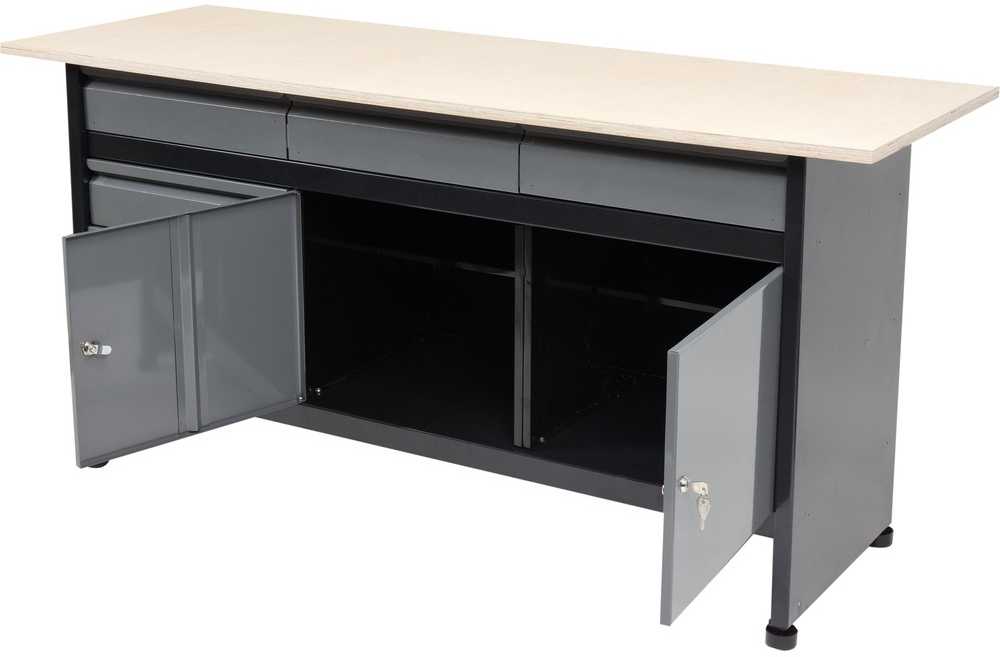 Plieninis darbastalis, tvirtas dirbtuvių stalas, įrankių laikymo spintelė, 1700 x 600mm darbastalis, garažo darbo vieta, faneros stalviršis
