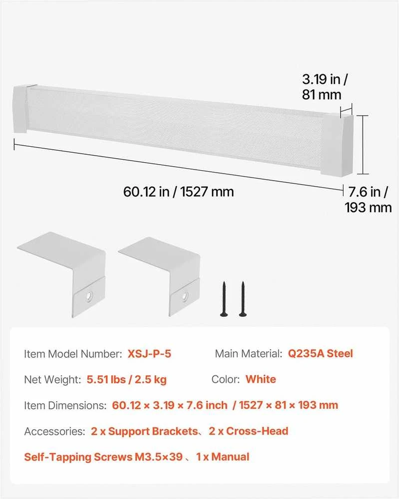 Plieninis grindjuostinis šildytuvo gaubtas, baltas elektrinio šildymo įrenginio dangtis, 1527 mm, pakaitinis gaubtas seniems šildytuvams, lengvas montavimas, šildymo sistemos apdaila