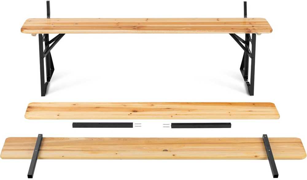 Plieninis ir medinis lauko baldų komplektas, stalas ir 2 suolai su atlošais, 175 cm, sulankstomas, alaus sodui, terasai, piknikui