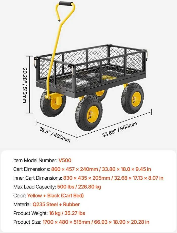 Plieninis sodo vežimėlis 226.80 kg, kiemo vežimas, 10 colių ratai, talpus, tvirtas, sodui