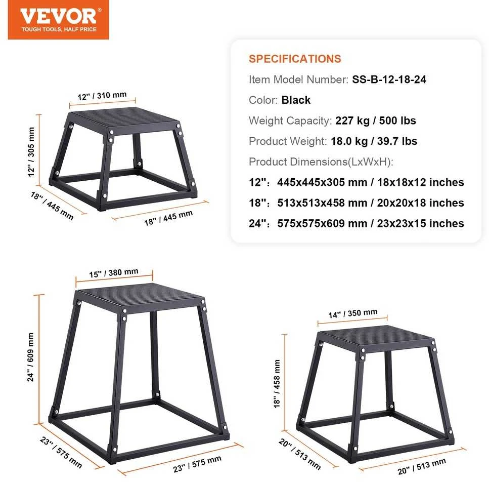 Pliometrinės šuolių dėžės, 3 viename rinkinys, 30.5 cm 45.8 cm 60.9 cm Plyo dėžė fitnesui, judrumo treniruotėms, pakylos platforma, namų sporto salės įranga, juoda