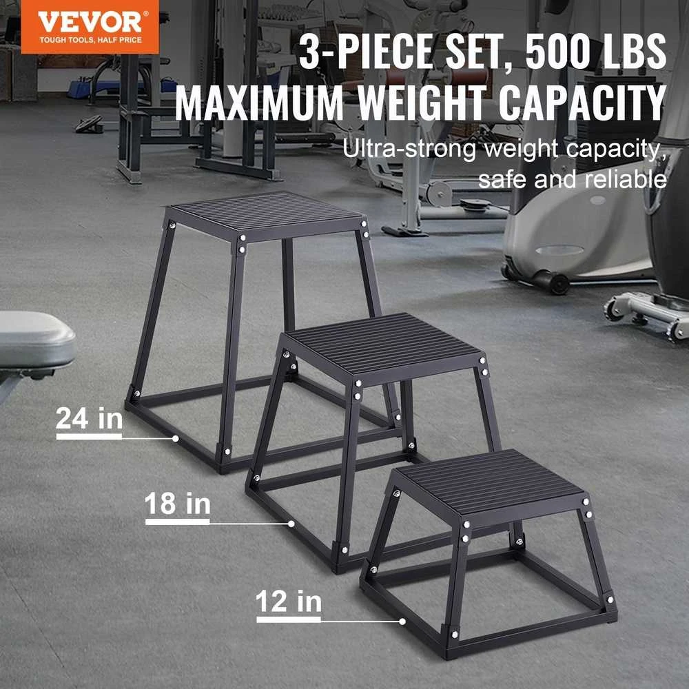 Pliometrinės šuolių dėžės, 3 viename rinkinys, 30.5 cm 45.8 cm 60.9 cm Plyo dėžė fitnesui, judrumo treniruotėms, pakylos platforma, namų sporto salės įranga, juoda