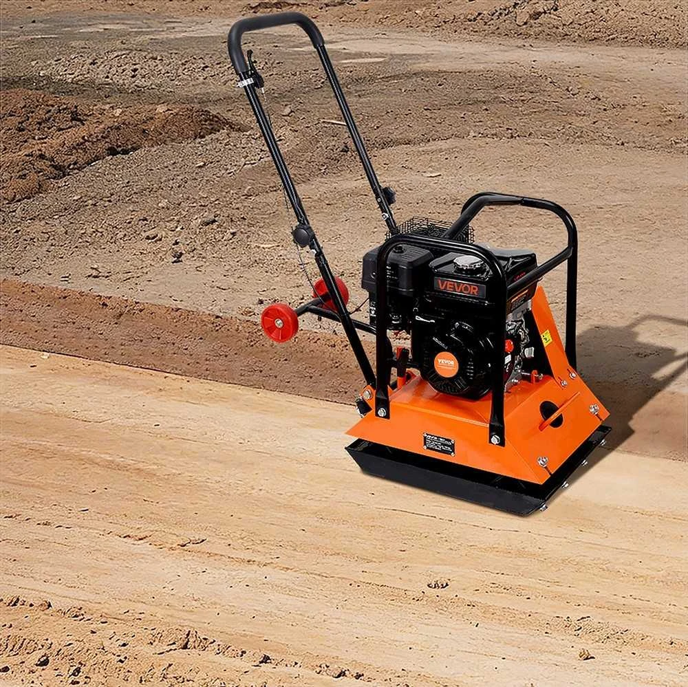Plokštinis tankintuvas trinkelių klojimui, asfaltui, pamatams, dirvožemiui, 6.5 HP benzininis variklis, 6400 VPM, 15 kN tankinimo jėga, stumiamas tankintuvas, vibracinė plūktuvė žemei