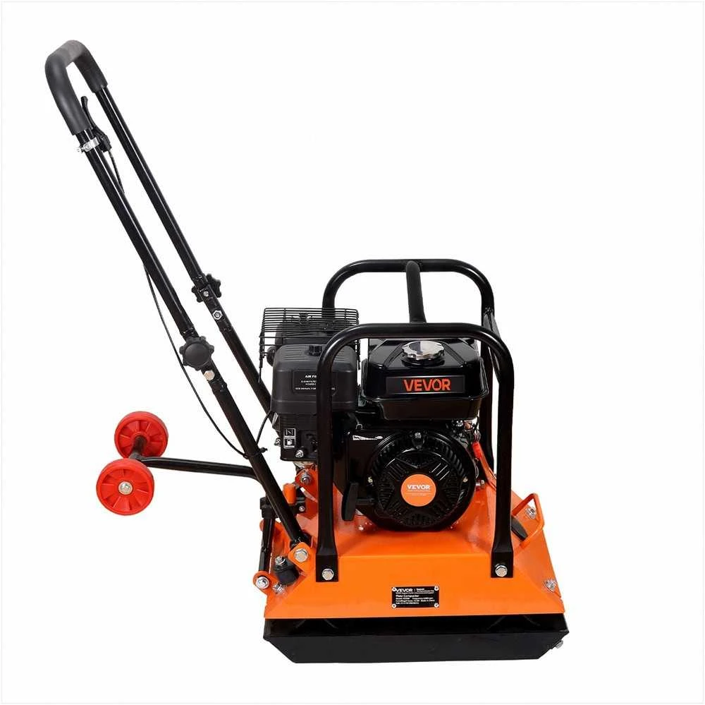 Plokštinis tankintuvas trinkelių klojimui, asfaltui, pamatams, dirvožemiui, 6.5 HP benzininis variklis, 6400 VPM, 15 kN tankinimo jėga, stumiamas tankintuvas, vibracinė plūktuvė žemei