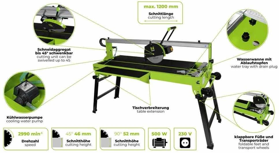 Plytelių ir akmens pjaustyklė, deimantinis diskas, 1200mm pjovimo ilgis, aušinama vandeniu, reguliuojamas kampas, didelio našumo plytelių pjūklas